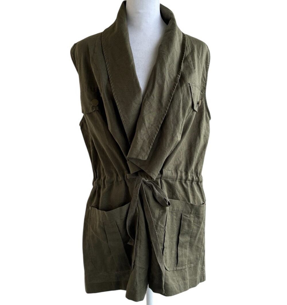 NWT Chelsea & Violet Olive Green Drape Front Utility Vest Linen Cotton Sz M